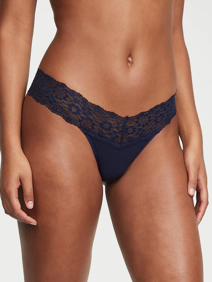 Lace-Waist Cotton Thong Panty