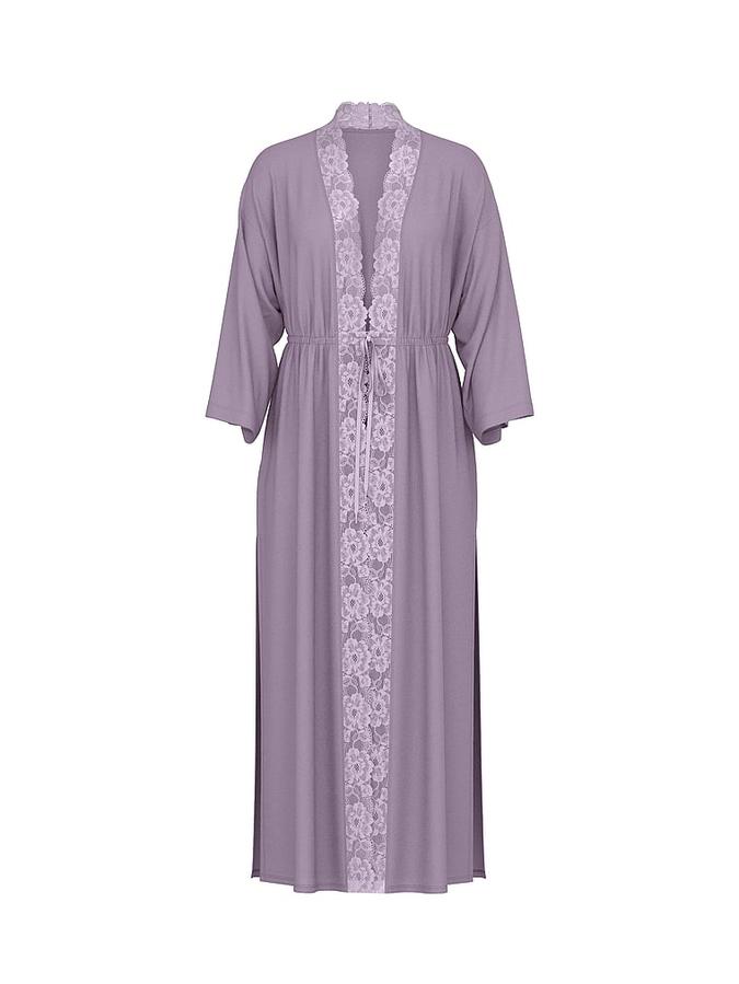 Ribbed Modal Lace-Trim Long Robe image number 2