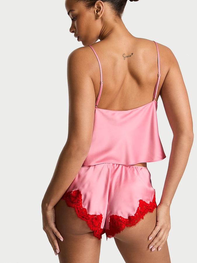 Satin Lace-Trim Flyaway Cami & Flutter Shorts Set