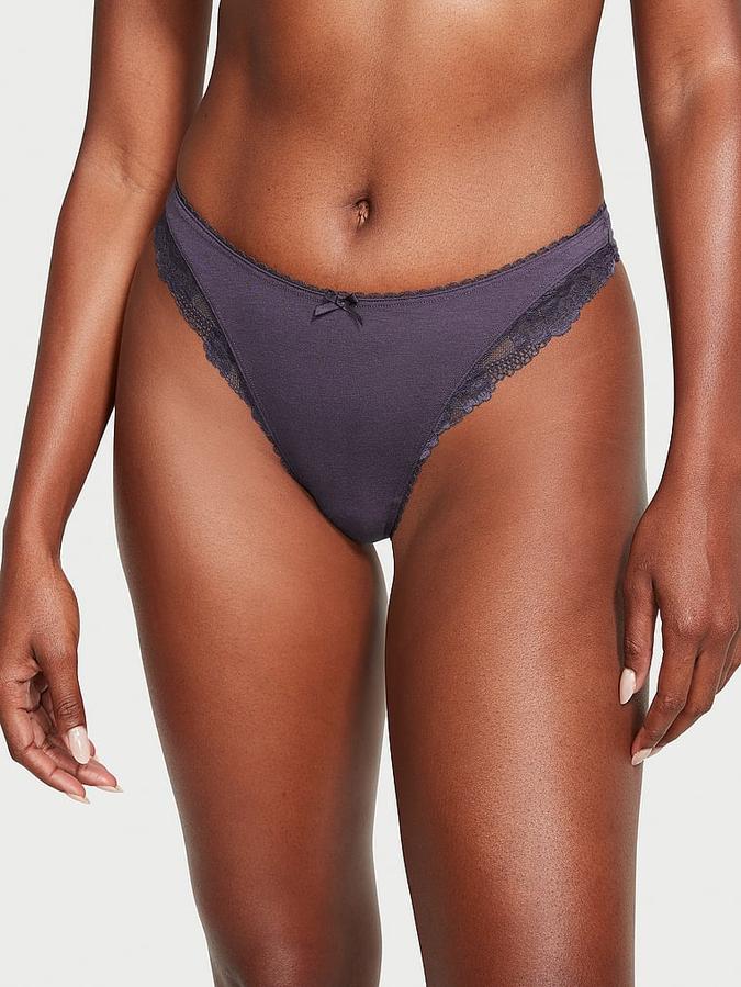 Stretch Cotton Lace-Trim High-Leg Scoop Thong Panty image number 0