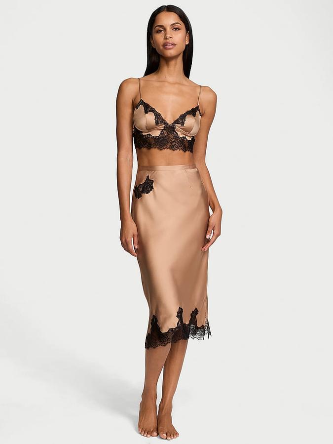 Satin Rose Lace-Trim Bralette & Midi Skirt Set image number 0