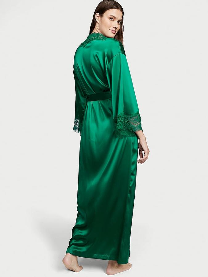 Lace-Trim Satin Long Robe image number 1