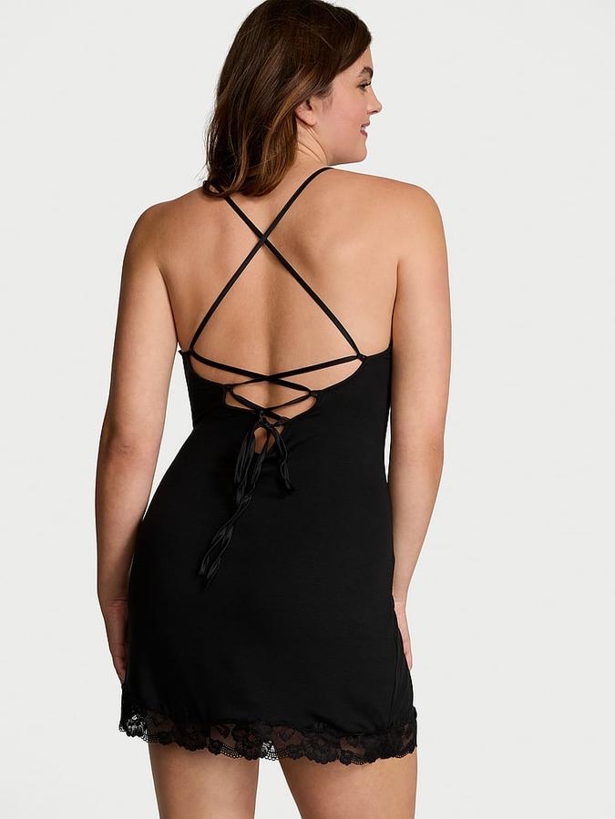 Ribbed Modal & Lace Cross-Back Slip Dress image number 1
