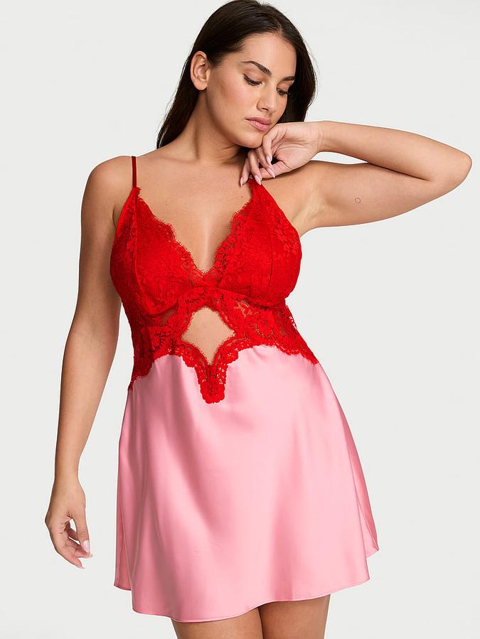 Satin & Lace Cutout Slip Dress