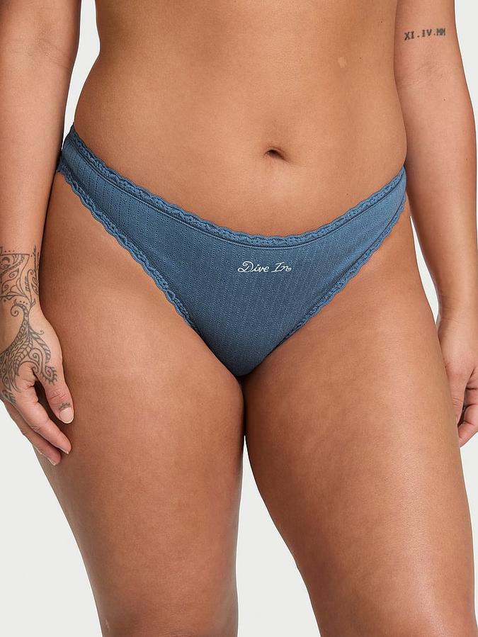 Stretch Cotton Pointelle Lace-Waist Thong Panty image number 0