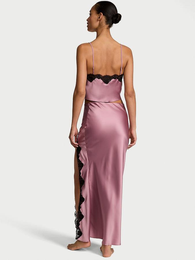 Satin Lace-Trim Cropped Top & Slip Skirt Set image number 1