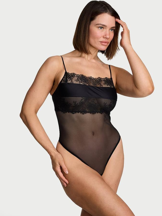 Rose Lace & Mesh Straight-Neck Bodysuit