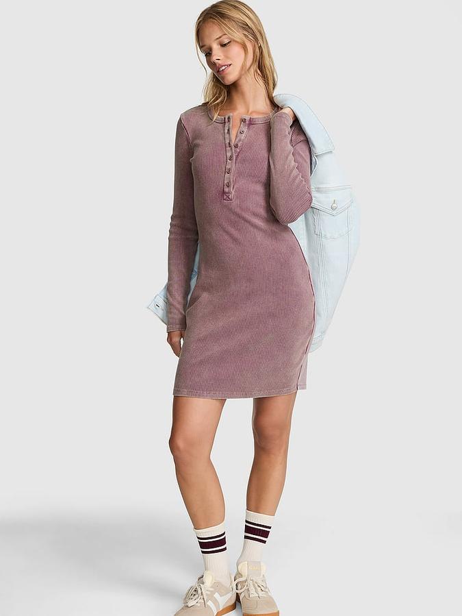 Vintage Ribbed Henley Long-Sleeve Dress image number 0