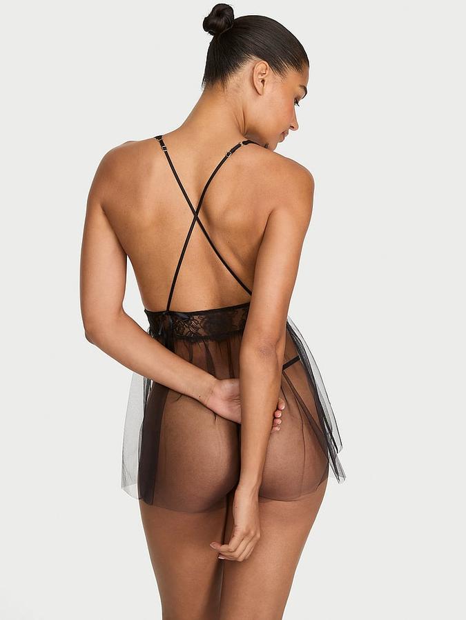 Rose Lace Plunge Babydoll Set