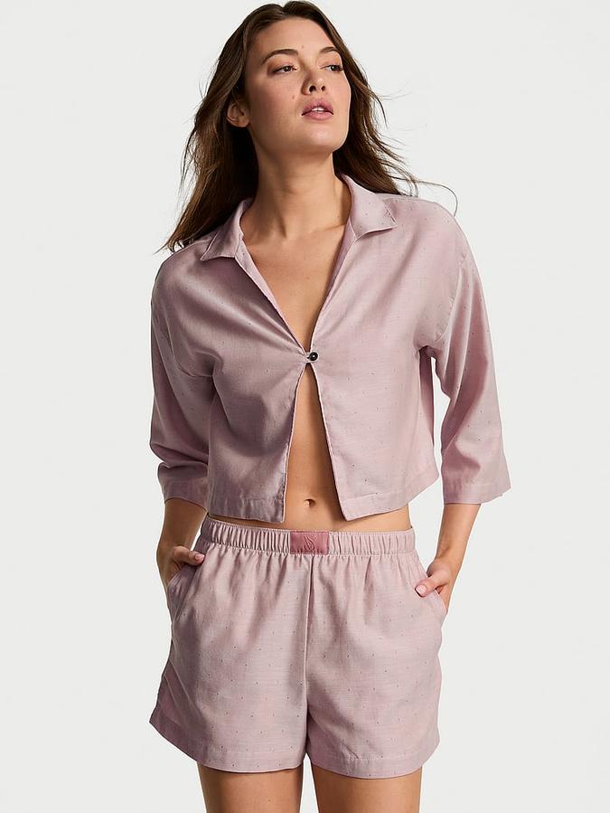 Modal-Cotton 3/4-Sleeve Flyaway Shirt & Short Pajama Set image number 0