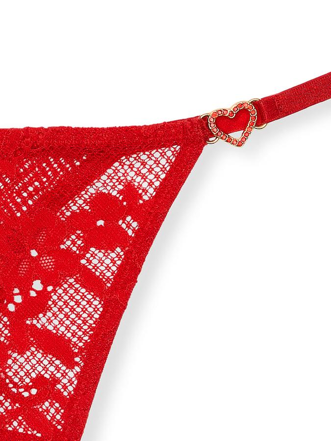 Lace Rhinestone Heart Hardware Thong Panty image number 2