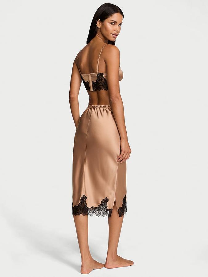 Satin Rose Lace-Trim Bralette & Midi Skirt Set image number 1