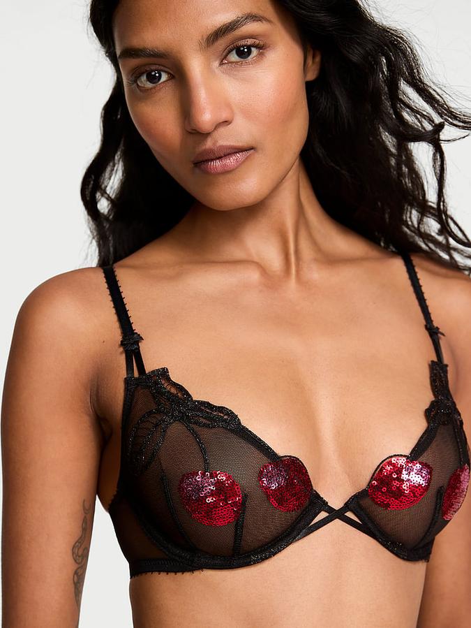 Cherry Embroidery Sequin Shine Unlined Demi Bra