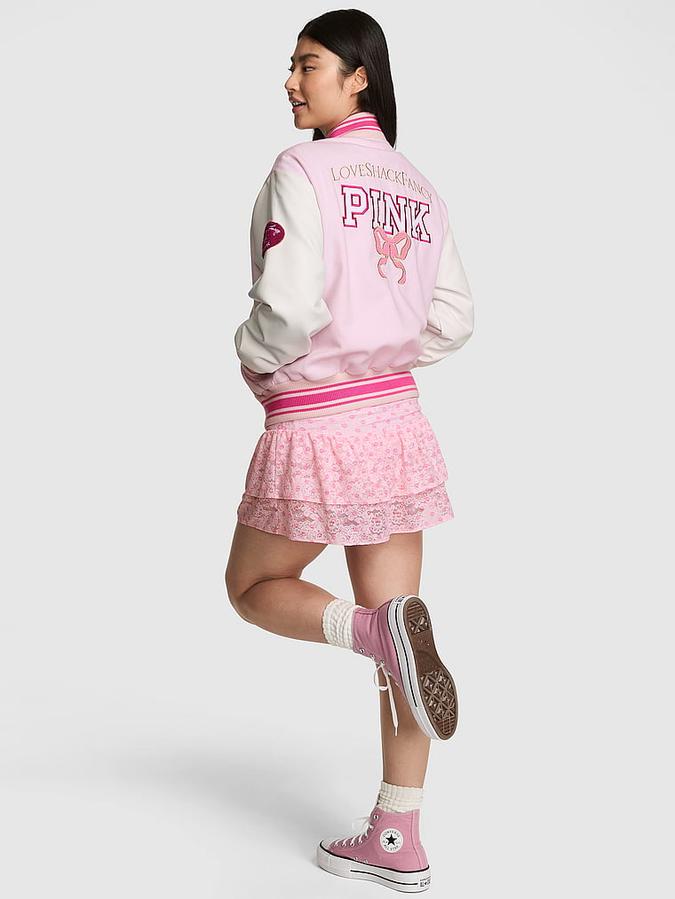 PINK x LoveShackFancy Reissued Boyfriend Varsity Jacket image number 1