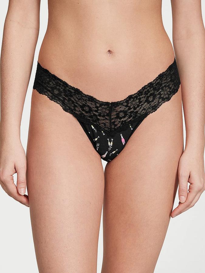 Lace-Waist Cotton Thong Panty