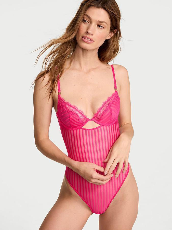 Tease Sheer Stripe Lace-Trim Cupped Bodysuit