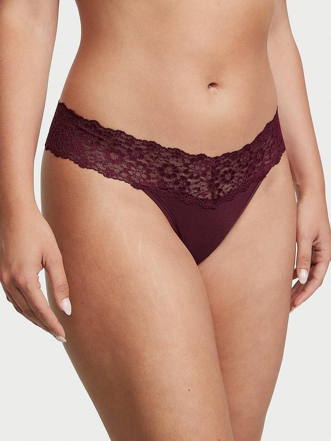Lace-Waist Cotton Thong Panty image number 0