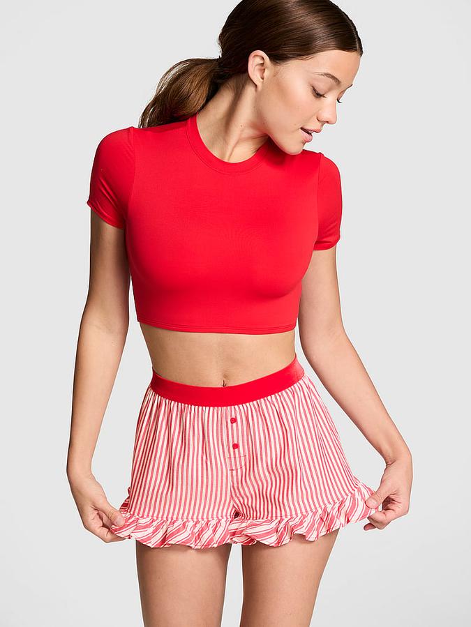 Festive Flannel Velvet-Trim Boxy Pajama Shorts image number 0