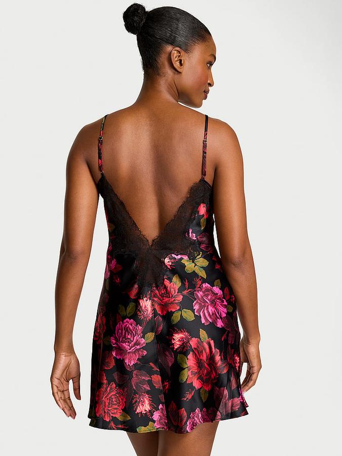 Satin Rose Lace-Trim Mini Slip Dress