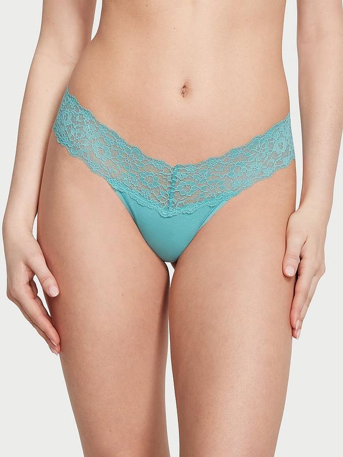 Lace-Waist Cotton Thong Panty image number 0