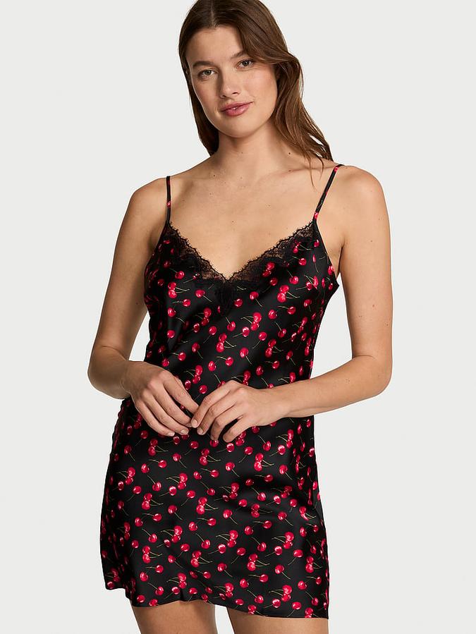 Satin Rose Lace-Trim Mini Slip Dress