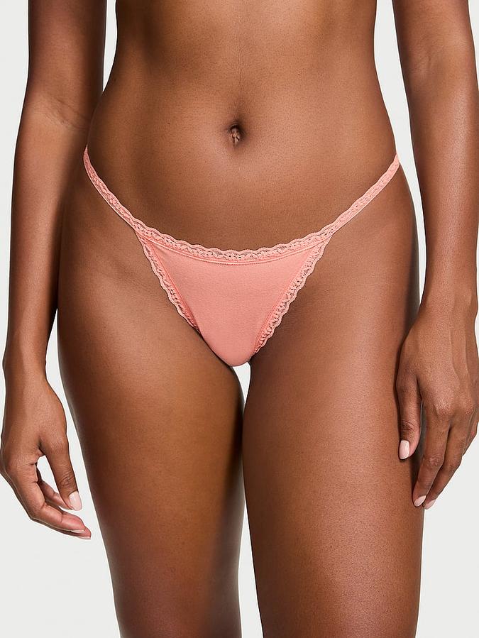 Lace-Trim Cotton V-String Panty image number 0