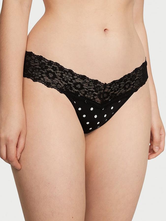 Lace-Waist Cotton Thong Panty