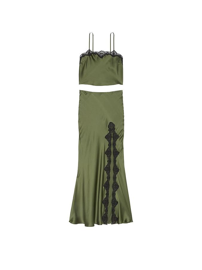 Satin Lace-Trim Cropped Top & Slip Skirt Set image number 2