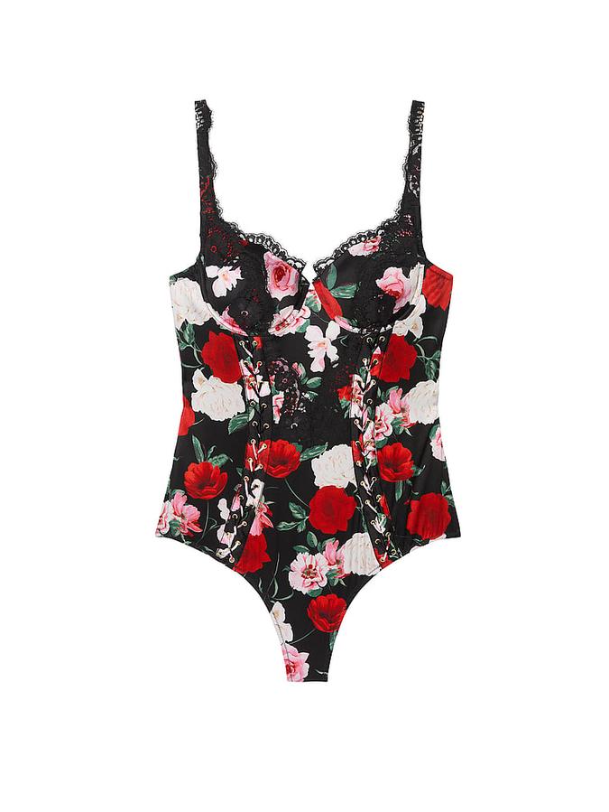 Atelier Victoria's Secret Noir Satin Lace-Trim Cupped Bodysuit image number 2