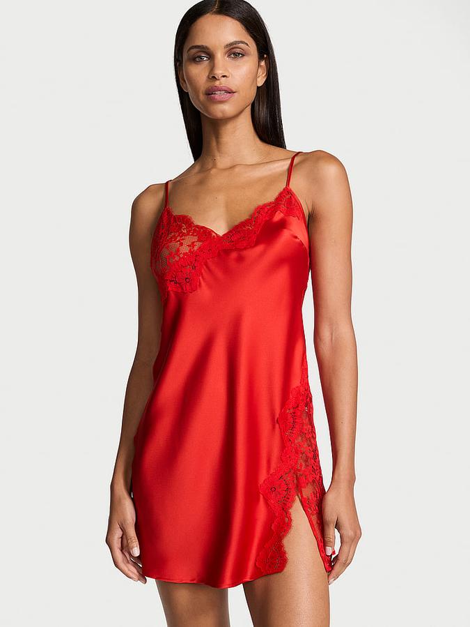 Satin Rose Lace-Trim Asymmetric Slip Dress image number 0