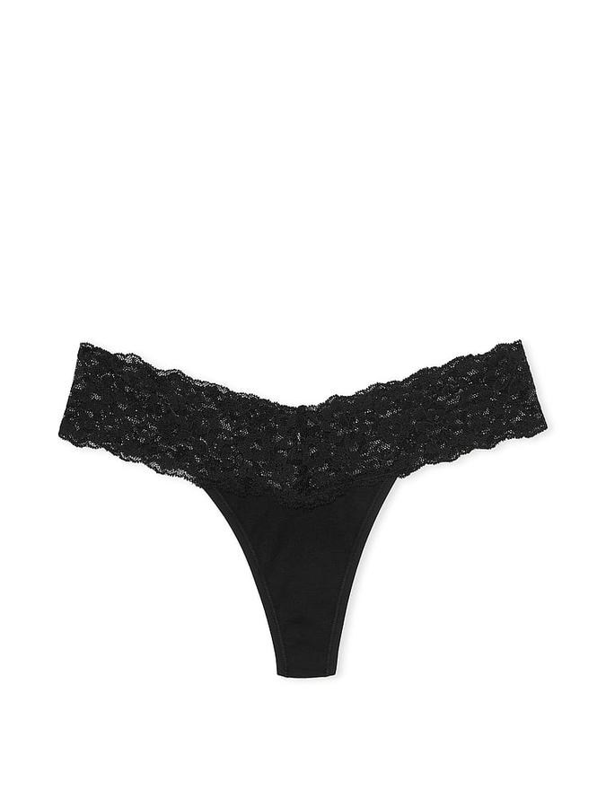 Lace-Waist Cotton Thong Panty image number 1