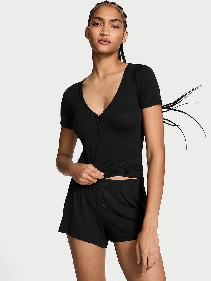 Ribbed Modal Short-Sleeve Henley & Boxer Shorts Set image number 0