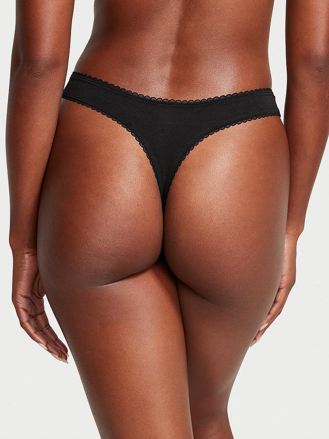 Stretch Cotton Lace-Trim High-Leg Scoop Thong Panty image number 1