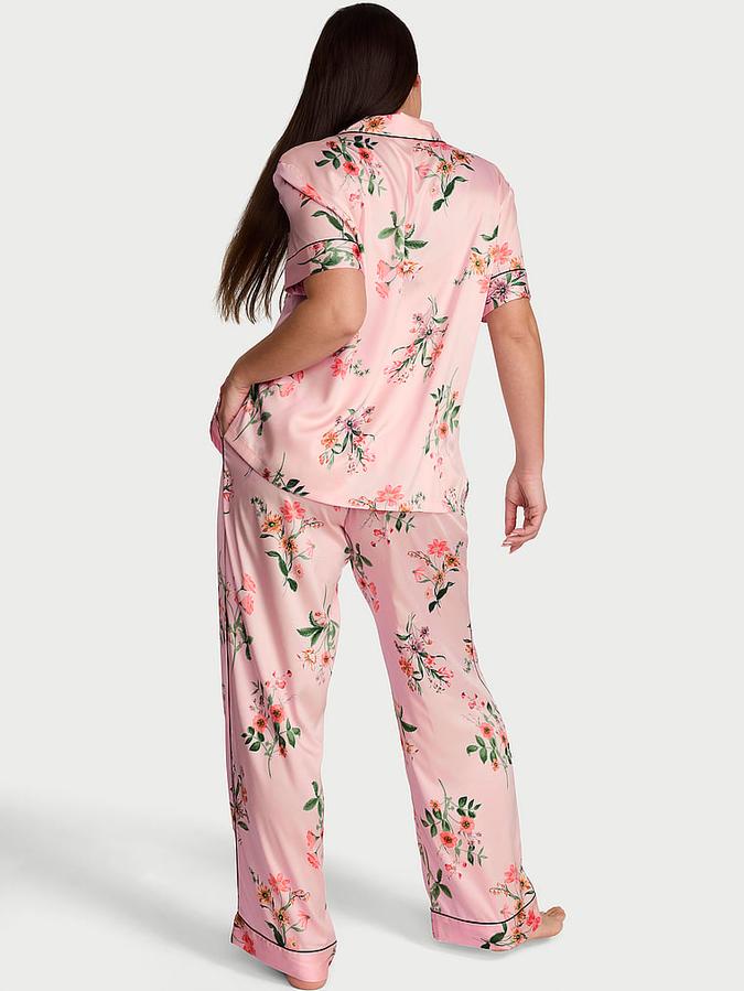 Glazed Satin Short-Sleeve Long Pajama Set