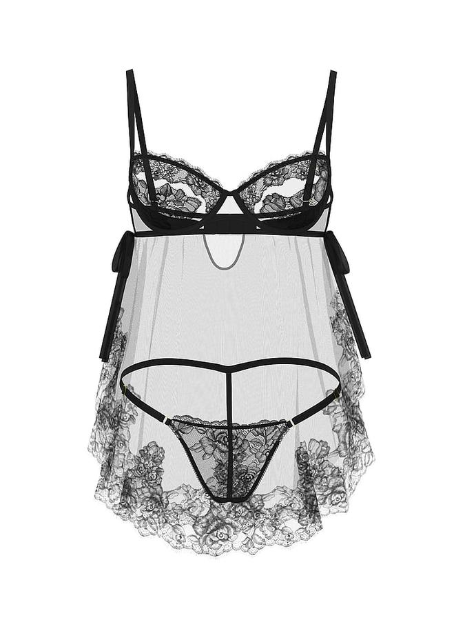 Wicked Sheer Unlined Lace-Trim Babydoll Set image number 2