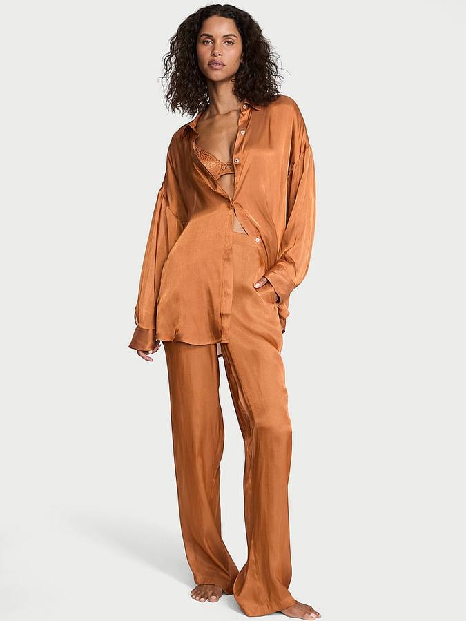 Luxe Sheer Satin Button-Front Long Pajama Set image number 0