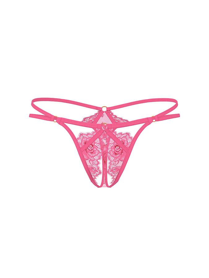 Rose Lace Strappy Ring Hardware Crotchless Thong Panty image number 2