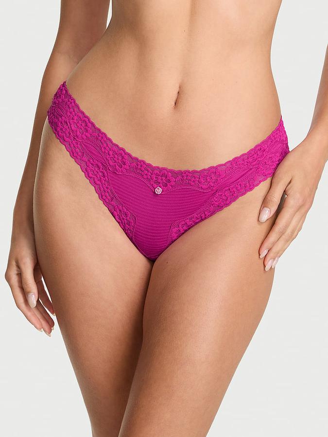 Cotton Shadow Stripe Lace-Waist Thong Panty