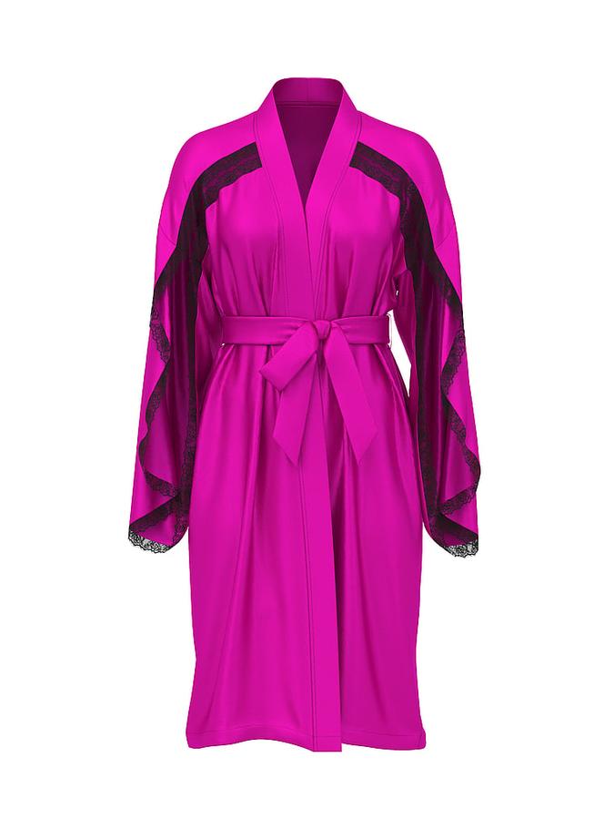 Satin Rose Lace-Trim Midi Robe image number 2