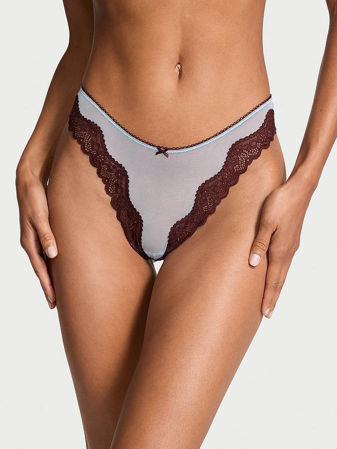 Tease Mesh Lace-Trim High-Leg Thong Panty image number 0