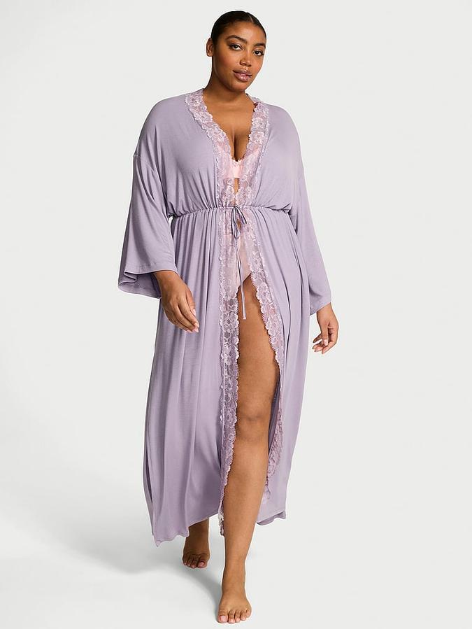 Ribbed Modal Lace-Trim Long Robe image number 0