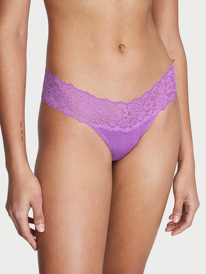Lace-Waist Cotton Thong Panty image number 0