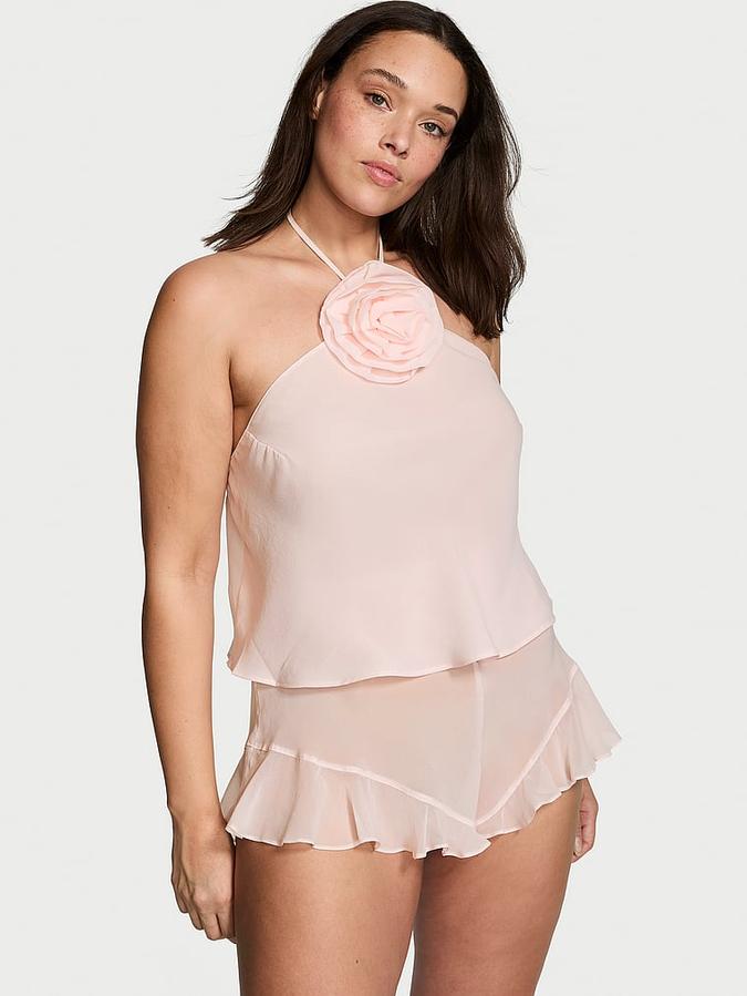 Chiffon Rosette Halter Cami & Shorts Set