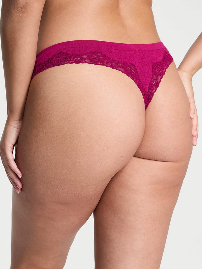 Seamless Rib Lace-Trim Thong Panty