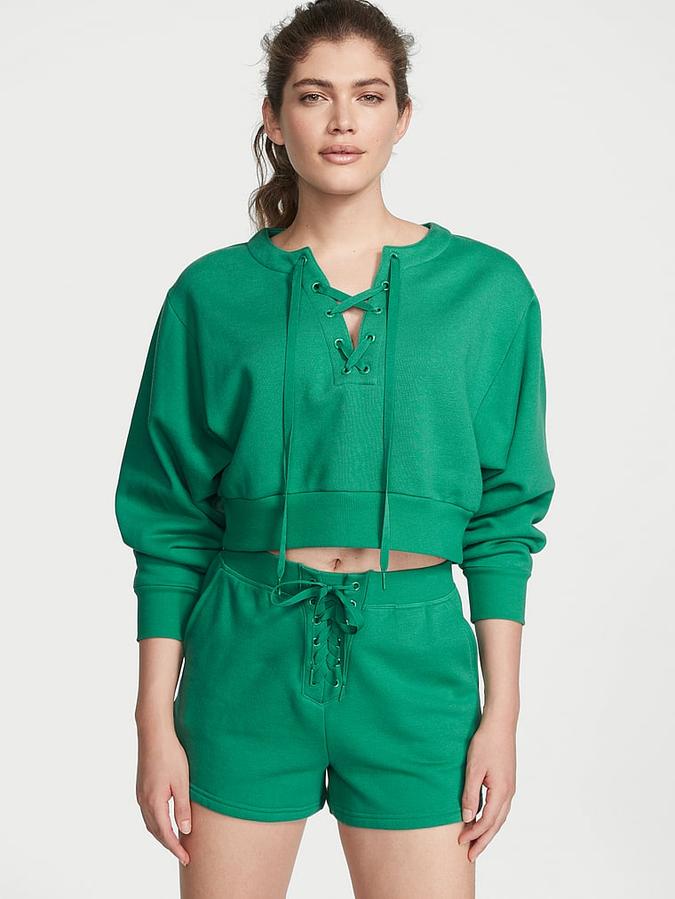 Cotton Fleece Lace-Up Crewneck