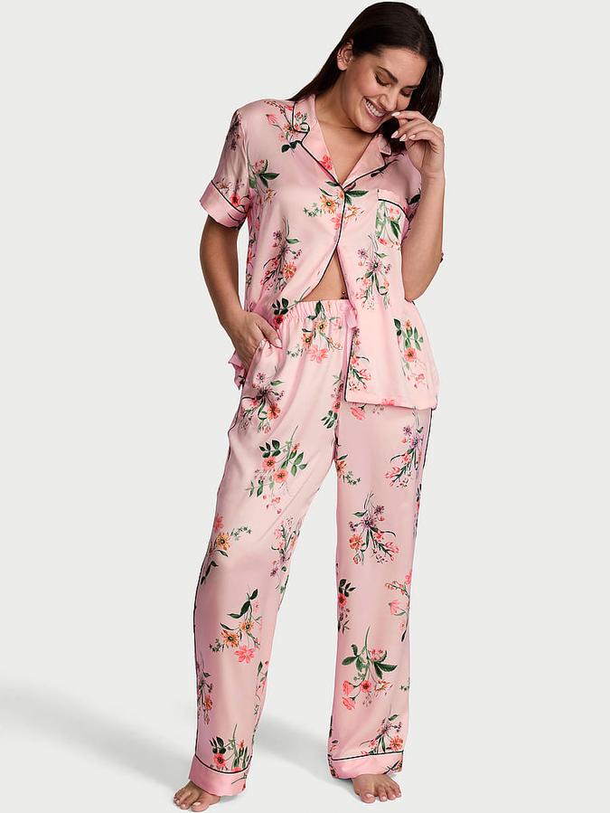 Glazed Satin Short-Sleeve Long Pajama Set