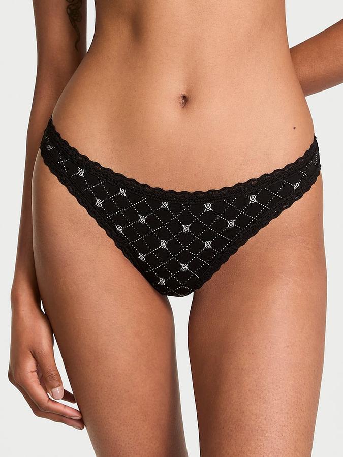 Stretch Cotton Lace-Waist Thong Panty image number 0