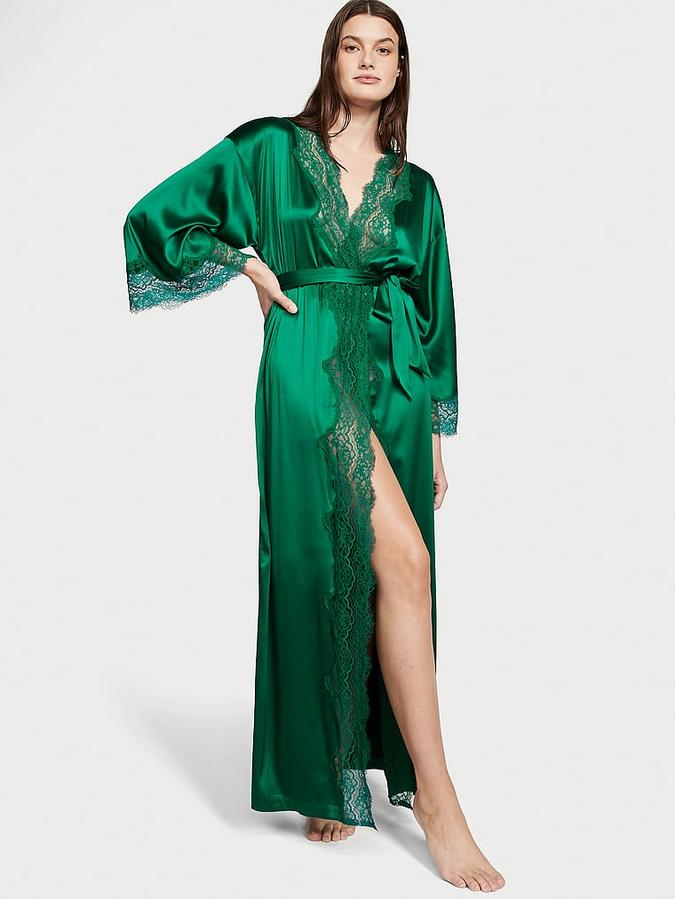 Lace-Trim Satin Long Robe image number 0