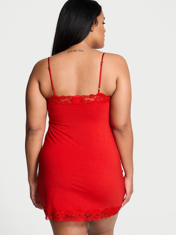 Modal Soft & Lace Trim Straight-Neck Slip Dress image number 1