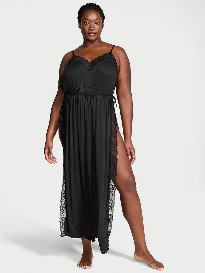Ribbed Modal Lace-Trim Long Slip Dress image number 0